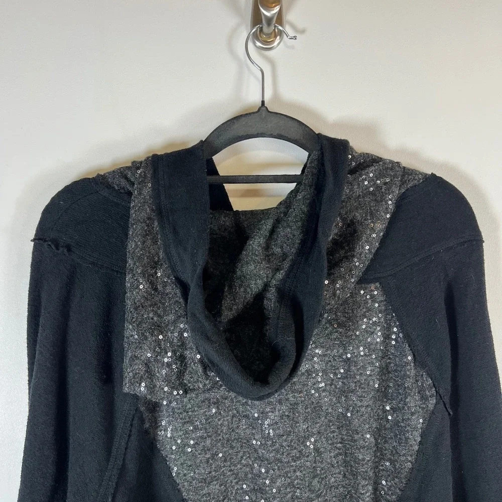 Free People Sequin Mixed Media Hoodie Black Charcoal Grey‎ Pullover Small boho